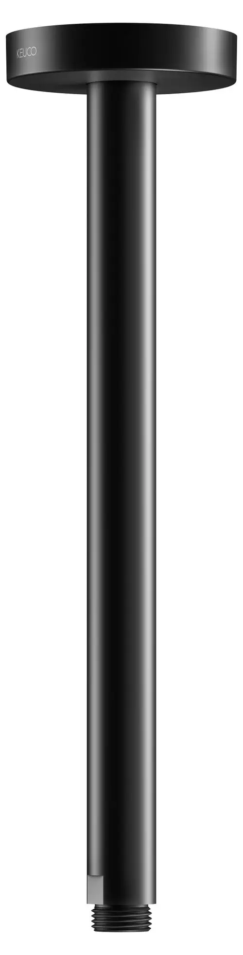 Schwarzer, runder Deckenanschluss mit vertikalem Arm. Hergestellt von Keuco, geeignet für Brauseinstallationen. Klarer, minimalistischer Designstil.