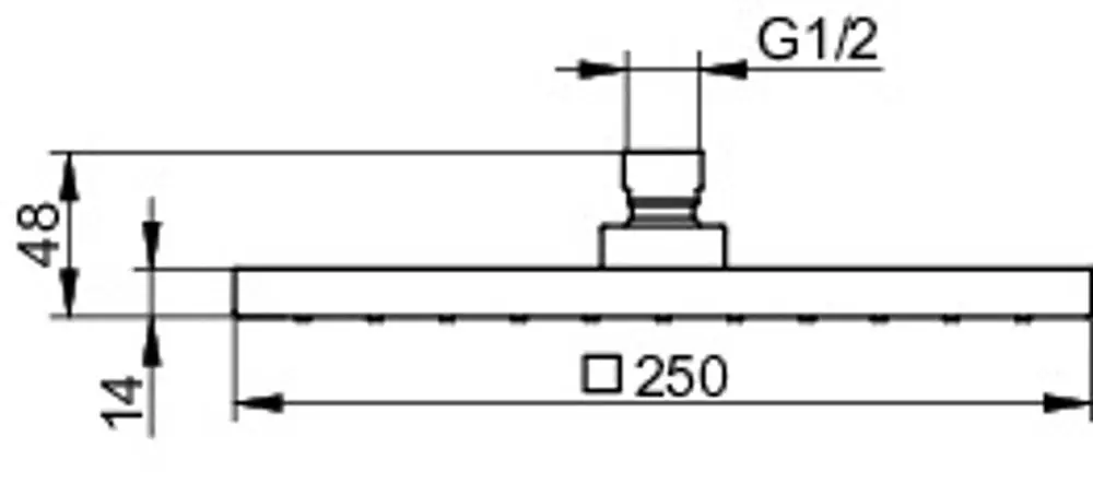 Keuco Kopfbrause in quadratischer Form mit seitlichem Anschluss. Technische Zeichnung zeigt Maße und die Position der Wasserabgänge.