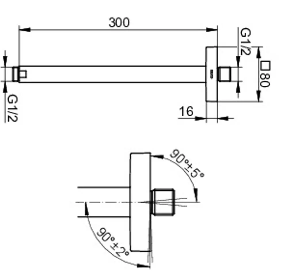 Keuco Brausearm mit eckigem Deckenanschluss, horizontal verlaufend, mit einem Durchmesser von G1/2, dargestellt in technischer Zeichnung mit Maßangaben.