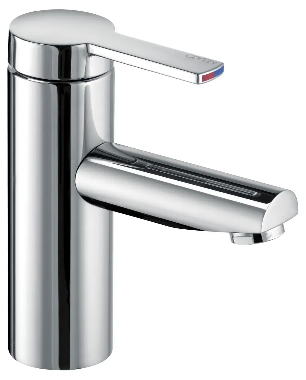 Einhebel-Waschtischmischer aus verchromtem Metall von Keuco, mit schmalem Auslauf und seitlichem Bedienhebel für die Wasserregulation.