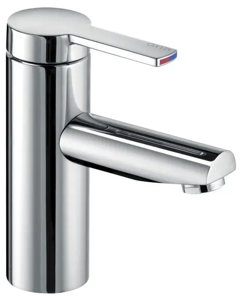 Einhebel-Waschtischmischer aus verchromtem Metall von Keuco, mit schmalem Auslauf und seitlichem Bedienhebel für die Wasserregulation.