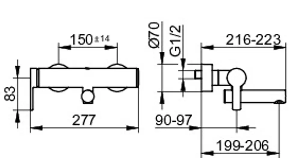 Keuco-Waschtischmischer in Wandmontage mit klaren Linien und einfacher Betätigung. Abmessungen und Designdetails sind schematisch abgebildet.