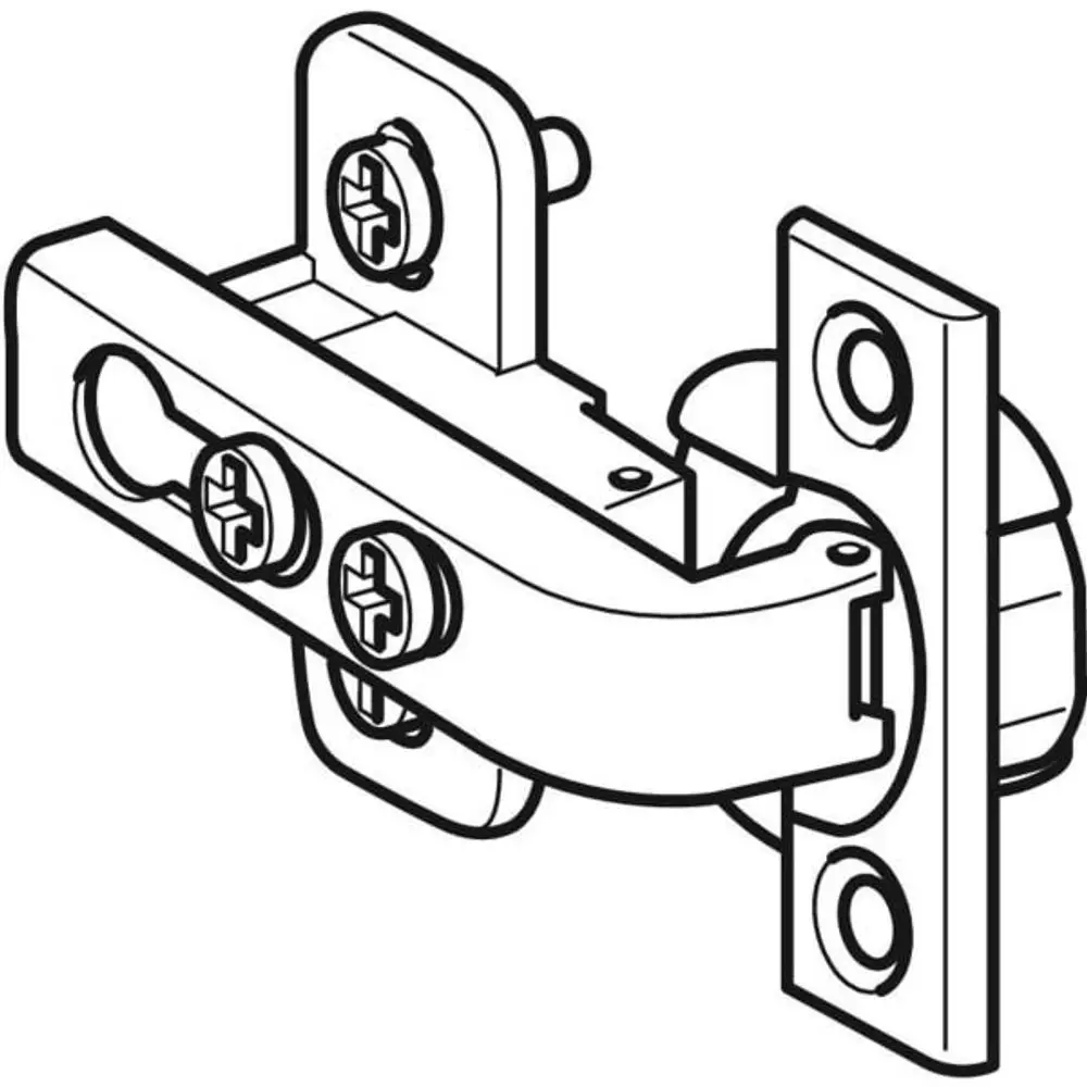 Scharnier mit zwei Schrauben und einer Halterung, geeignet für Hochschränke, gefertigt von Geberit. Zeigt Mechanismus zur Türbefestigung und -bewegung.