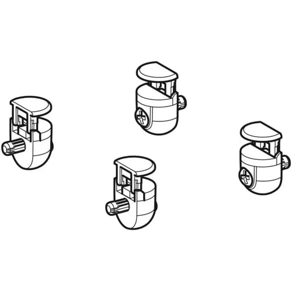 Vier Regalbolzen von Geberit in schematischer Darstellung, passend für Hochschränke, zeigen verschiedene Ansichten der Halterung mit einem ergonomischen Griff.