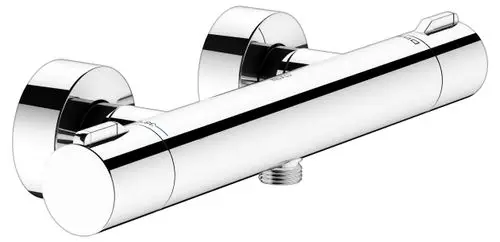 Thermostat-Brausemischer in verchromter Ausführung, montiert auf einer Wand. Das Produkt stammt von Keuco und weist eine runde Form mit zwei Bedienelementen auf.