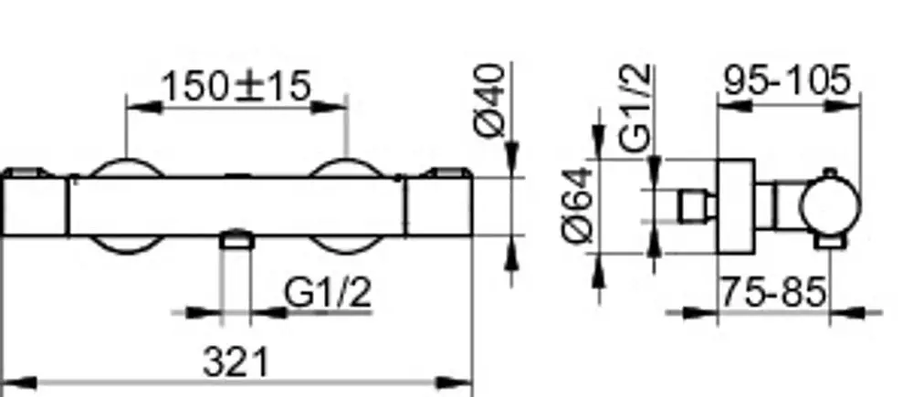 Thermostat-Brausemischer in verchromtem Finish, aufputz montiert. Produktelemente und Maße sind im technischen Diagramm dargestellt. Hersteller: Keuco.