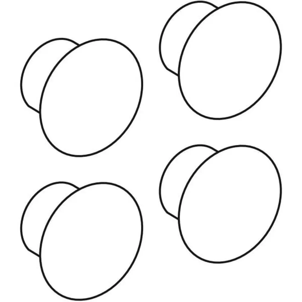 Vier weiße Deckkappen mit einem runden, flachen Design. Sie sind zum Einsatz in myDay Hochschränken von Geberit vorgesehen.