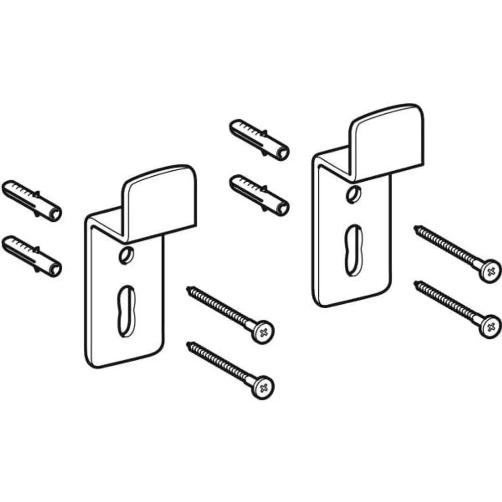 Befestigungsset von Geberit mit zwei Halterungen, Schrauben und Dübel für die Montage von Leuchten oder Spiegeln an Wänden. Ideal für verschiedene Installationen.
