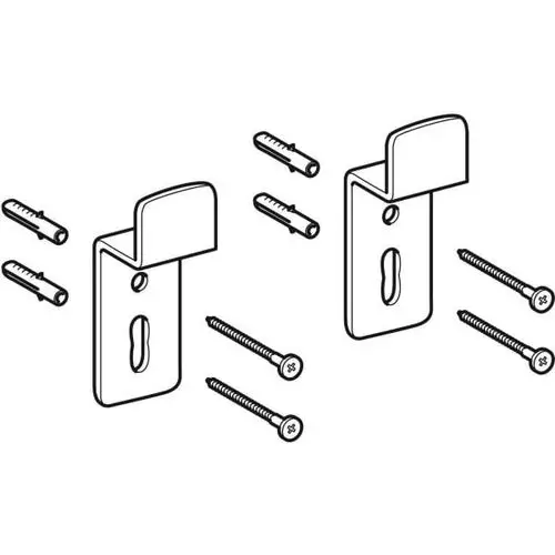 Befestigungsset von Geberit mit zwei Halterungen, Schrauben und Dübel für die Montage von Leuchten oder Spiegeln an Wänden. Ideal für verschiedene Installationen.