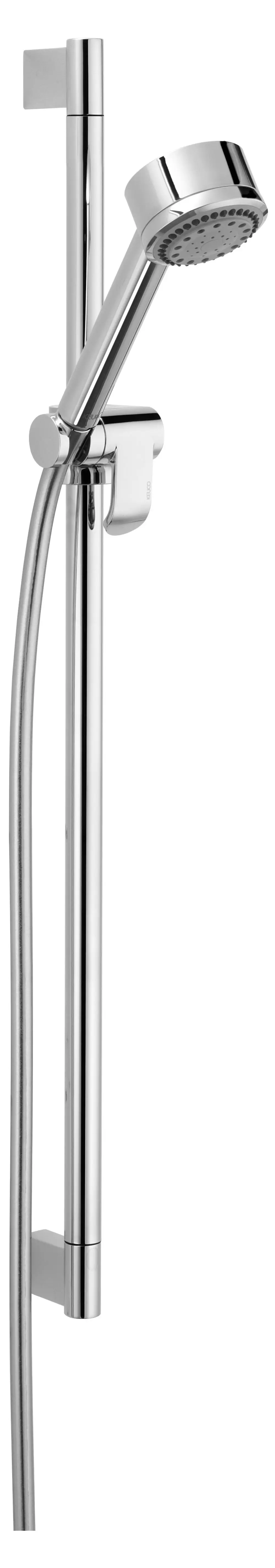 Brause-Set von Keuco mit verchromter Oberfläche, bestehend aus einer Handbrause, einem Halter und einer schlanken Wandmontage. Elegant und funktional in der Badezimmereinrichtung.