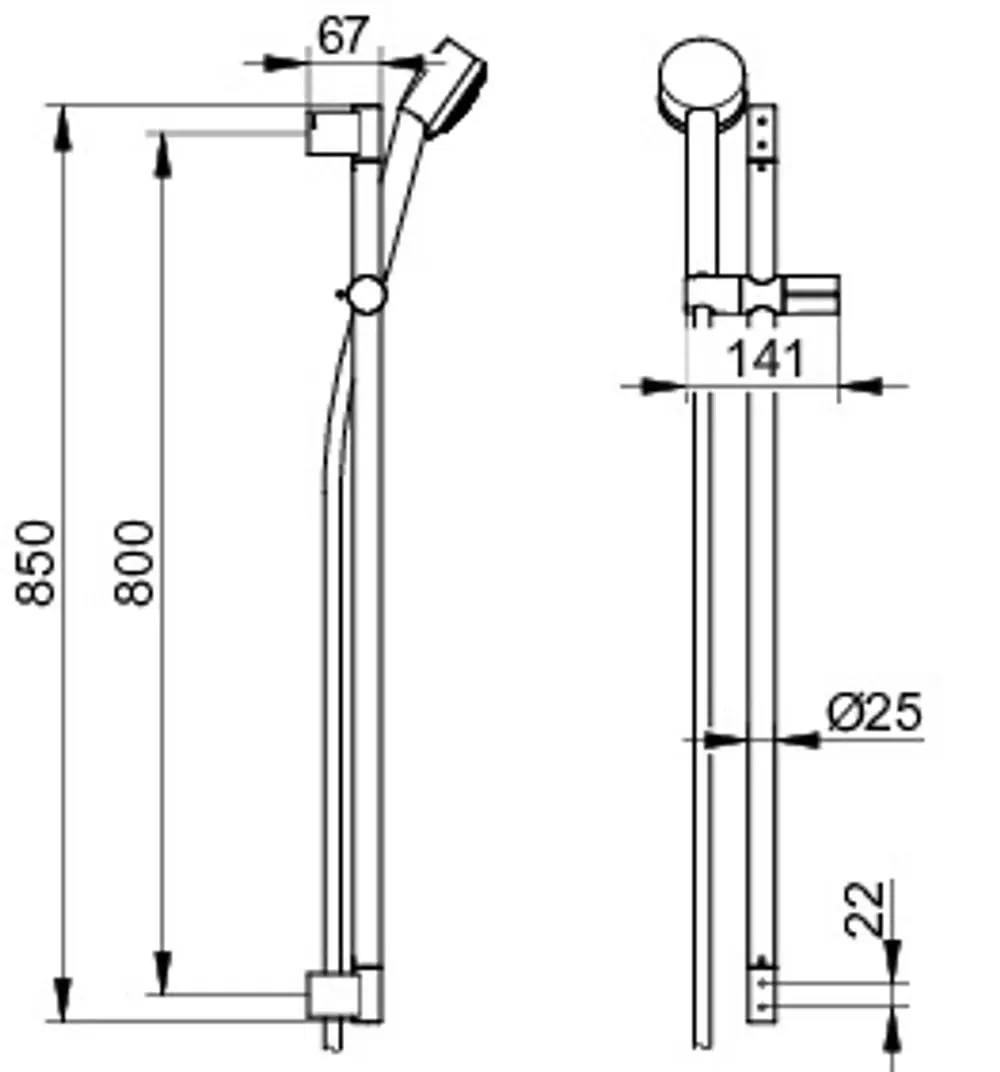 Verchromenes Brause-Set von Keuco mit einer Handbrause und einer Montageleiste, dargestellt in technischen Zeichnungen mit spezifischen Maßen und Formdetails.