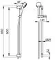 Verchromenes Brause-Set von Keuco mit einer Handbrause und einer Montageleiste, dargestellt in technischen Zeichnungen mit spezifischen Maßen und Formdetails.