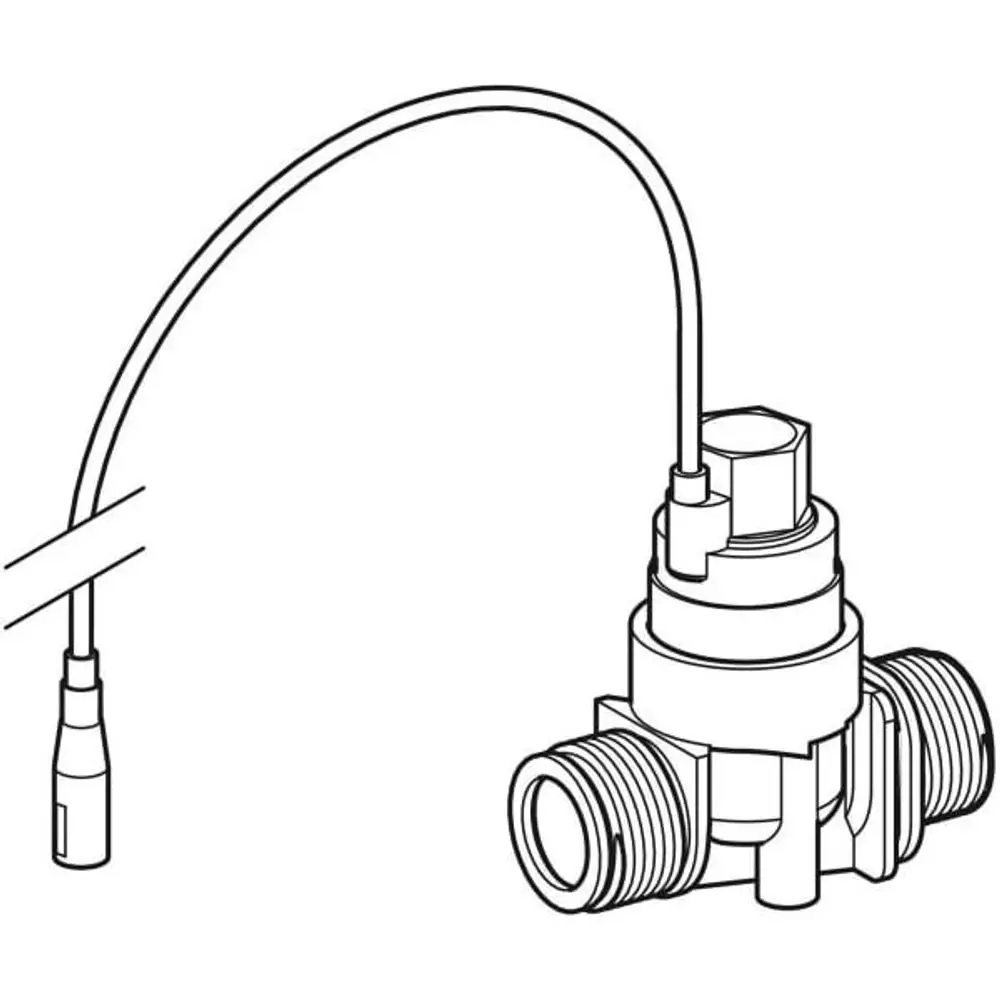 Ventilblock von Geberit für Urinalsteuerung, mit Anschlusskabel und Gewindeanschlüssen für die hydraulische Verbindung.