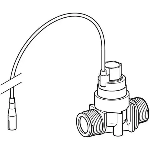 Ventilblock von Geberit für Urinalsteuerung, mit Anschlusskabel und Gewindeanschlüssen für die hydraulische Verbindung.