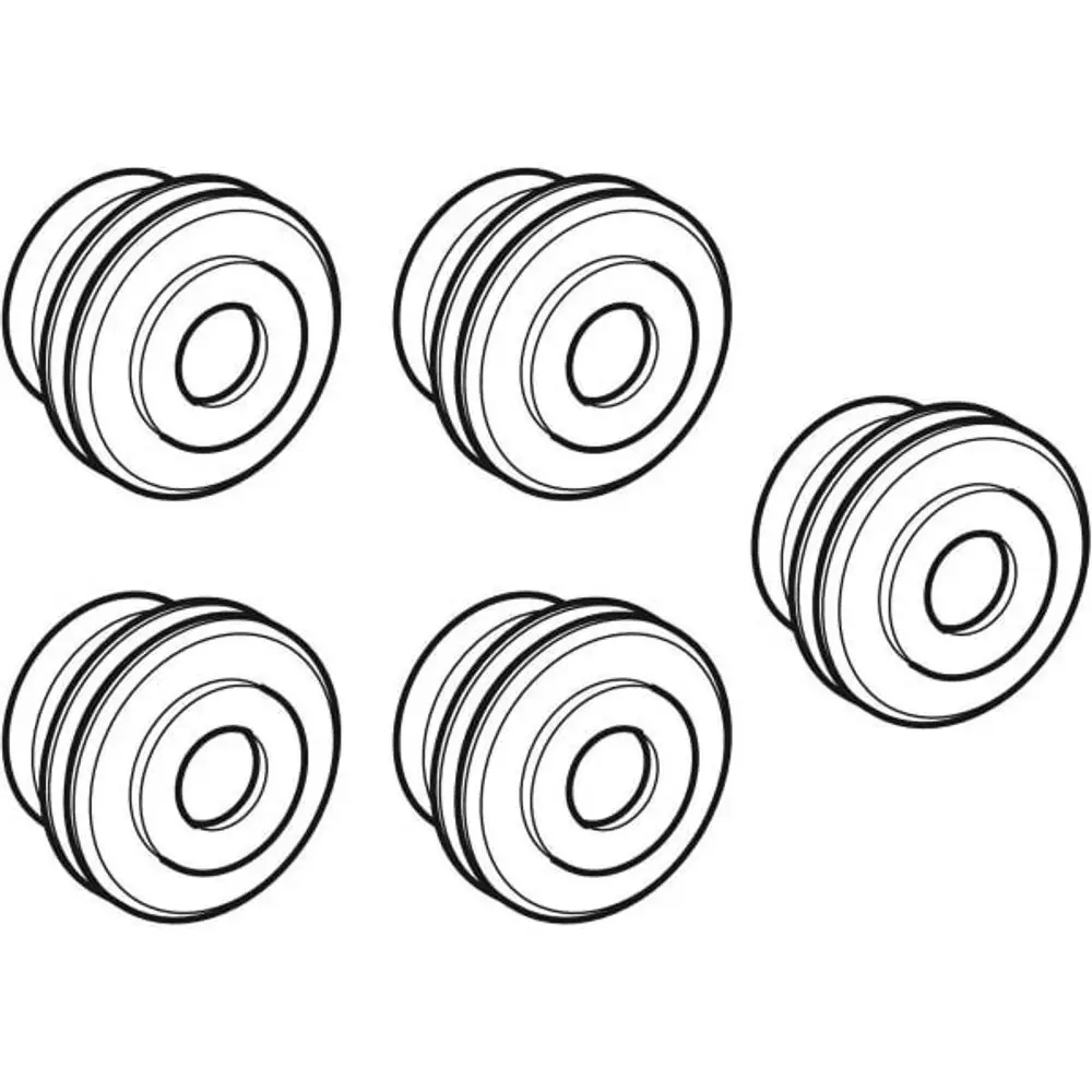 Set mit fünf Geberit-Manschetten für Einlaufstutzen, schlichtes Design ohne weitere Beschriftung, mit durchgehend runder Form und mittigem Loch.