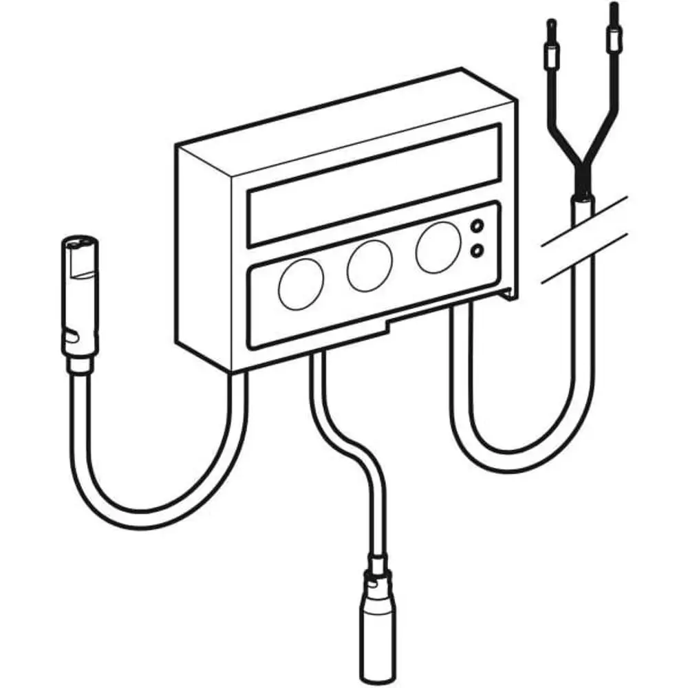 Steuermodul von Geberit für die Urinalsteuerung, mit mehreren Anschlüssen und Kabeln, dargestellt in einer schematischen Abbildung.