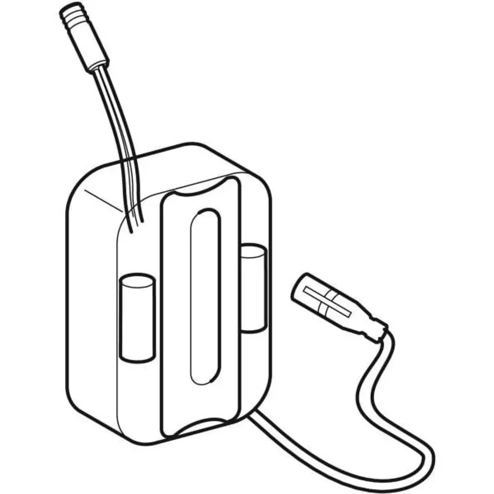 Elektronikmodul mit Anschlusskabel, das zu einer Geberit Waschbeckenarmatur gehört. Das Modul hat eine klare, rechteckige Form und ist in einem minimalistischen Design gehalten.