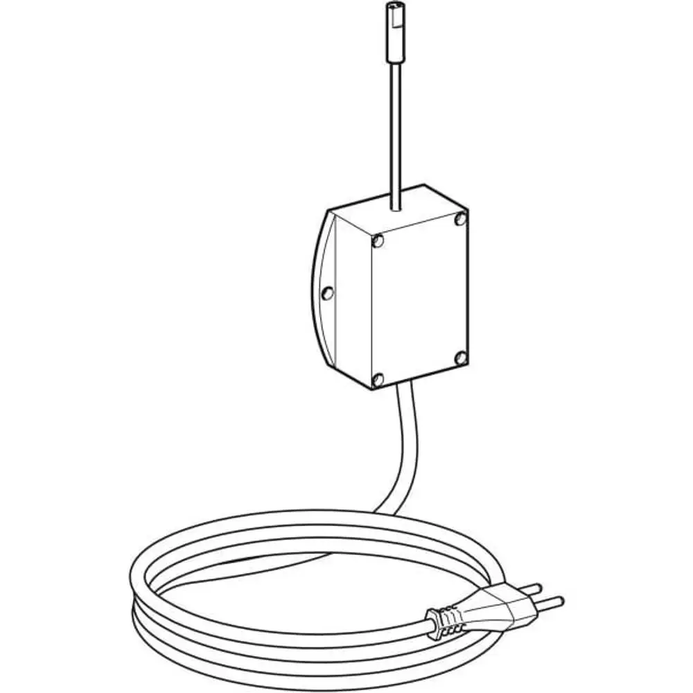 Netzteil mit Geberit-Logo und Kabel für eine elektronische Armatur. Das Gerät verfügt über einen Stecker zur Stromversorgung und eine abgehende Leitung.