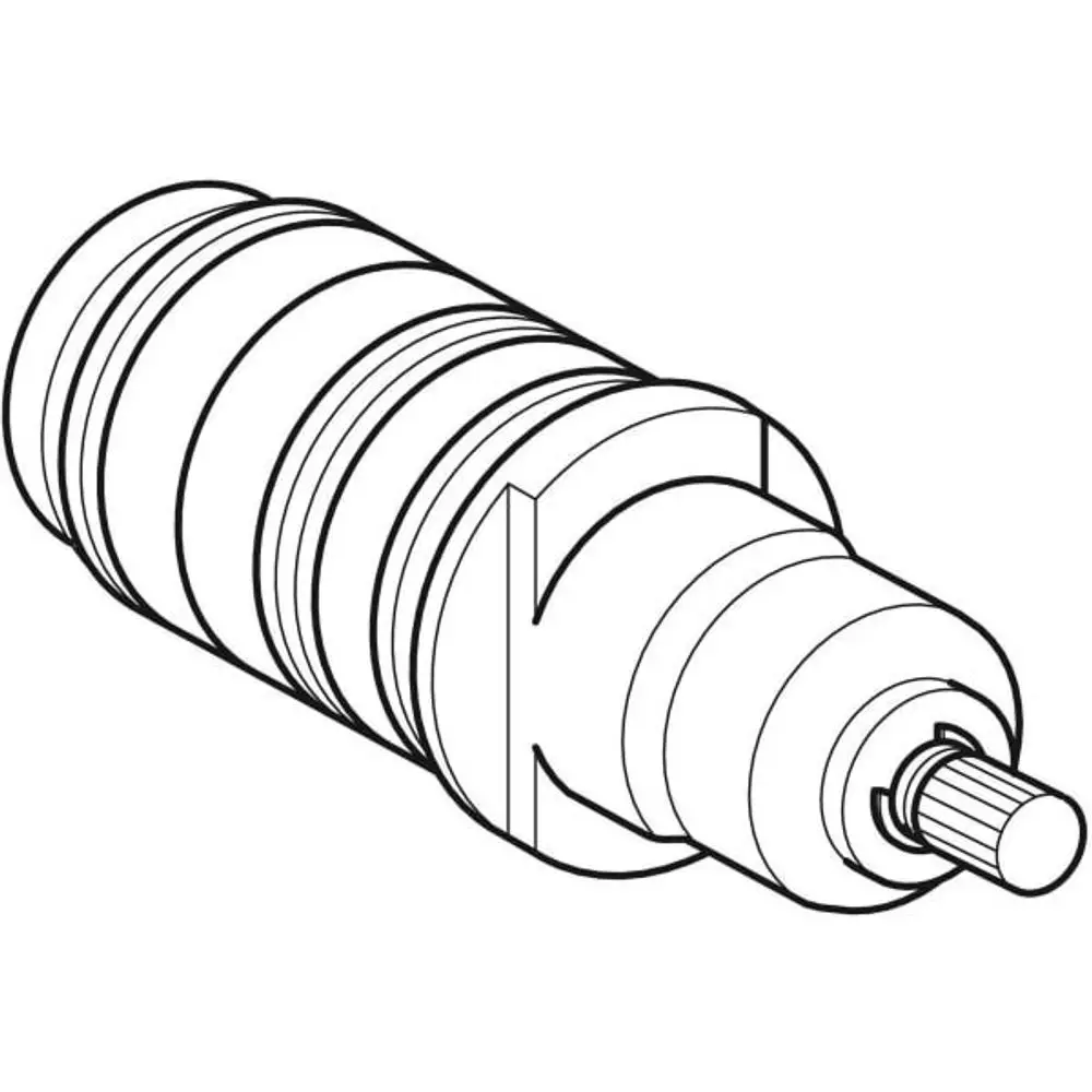 Thermostatkartusche von Geberit, zylinderförmig mit gerillter Oberfläche und einem Anschluss für die Steuerung. Geeignet für die Nutzung in Thermostatsystemen.