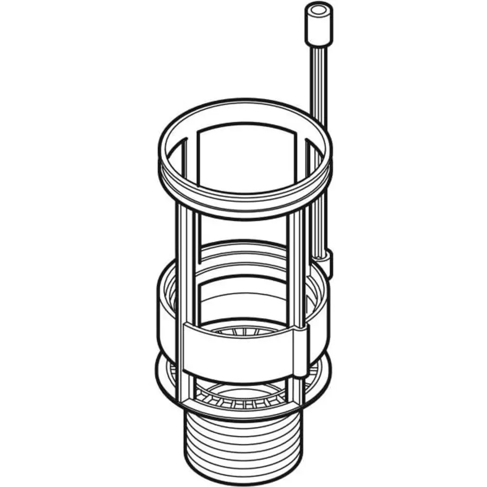 Bassin mit Spülstromregulierung von Geberit, bestehend aus einem durchsichtigen Zylinder mit innenliegenden Bauteilen und einer Anschlussleitung.