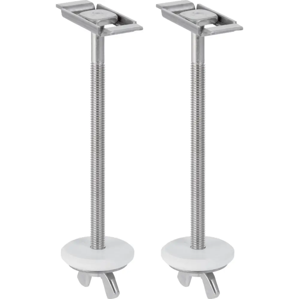 Befestigungsset von Geberit mit zwei Schrauben und Unterlegscheiben, geeignet zur Montage von Dusch-WC-Systemen. Metallteile mit Kunststoffbasis zur Stabilisierung.