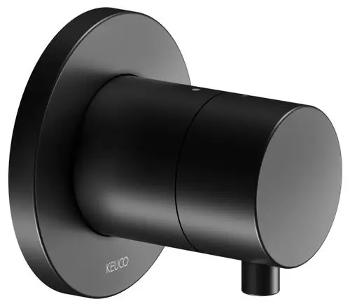 Schwarzes Absperrventil von Keuco, rundes Design, Wandmontage, mit Hebel zur Wasserregulierung.