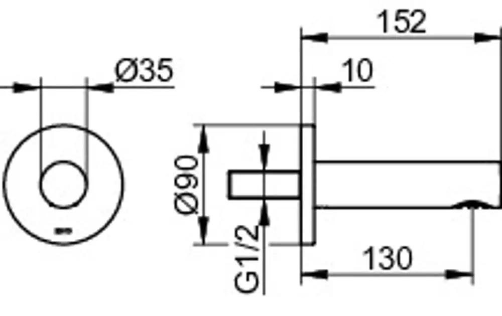 Keuco Wanneneinlauf mit rundem Design, sichtbare Maße und Anschlussdetails. Ausladung erkennbar, verchromte Oberfläche. Technische Zeichnung mit Durchmessern und Abmessungen.