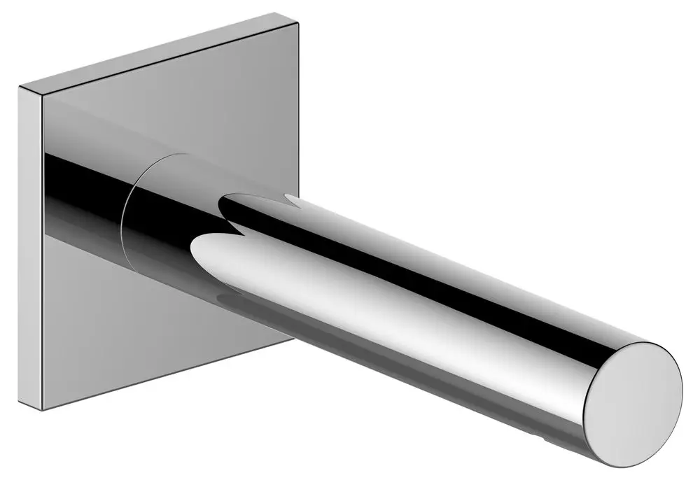 Chromierter Wanneneinlauf von Keuco mit quadratischem Wandanschluss und zylindrischem Auslauf. Schlichte, funktionale Form für Badewanneninstallation.
