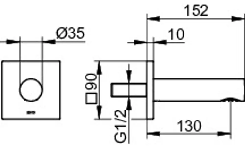 Keuco Wanneneinlauf mit quadratischem Grundriss, mittigem Wasseranschluss und einer Ausladung von 130 mm, verchromt, abgebildet mit Bemaßung.