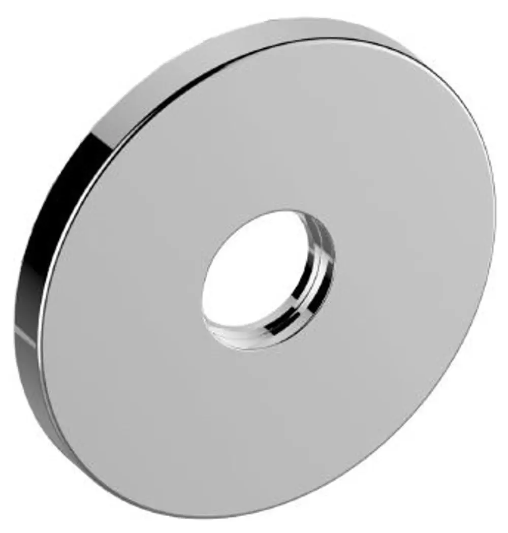 Runde, verchromte Wandrosette von Keuco, mit mittigem Loch, geeignet für verschiedene Badezimmerarmaturen. Ausdruck von Funktionalität und einfachem Design.