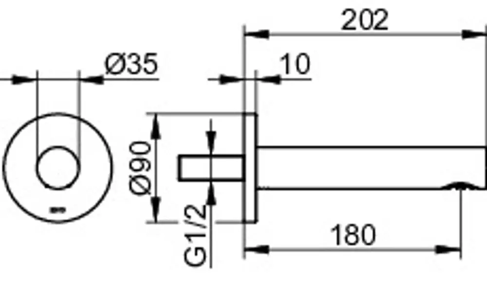 Runder Wanneneinlauf von Keuco mit einer Ausladung, der eine G1/2-Anschlussgewindeöffnung und Durchmesserangaben aufweist. Diagramm zeigt alle relevanten Maße und Formen.