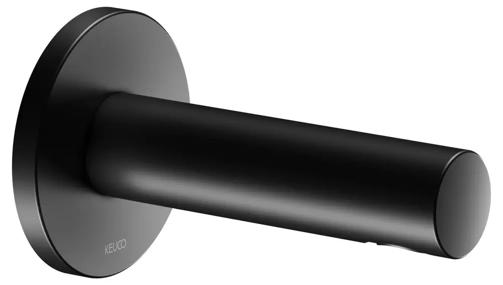 Schwarze Wandarmatur von Keuco mit runder Form und glatter Oberfläche. Befestigungssockel und Auslauf enden rund. Eignung für Badezimmerinstallationen.