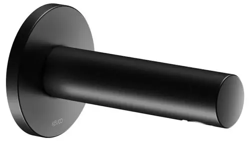 Schwarze Wandarmatur von Keuco mit runder Form und glatter Oberfläche. Befestigungssockel und Auslauf enden rund. Eignung für Badezimmerinstallationen.