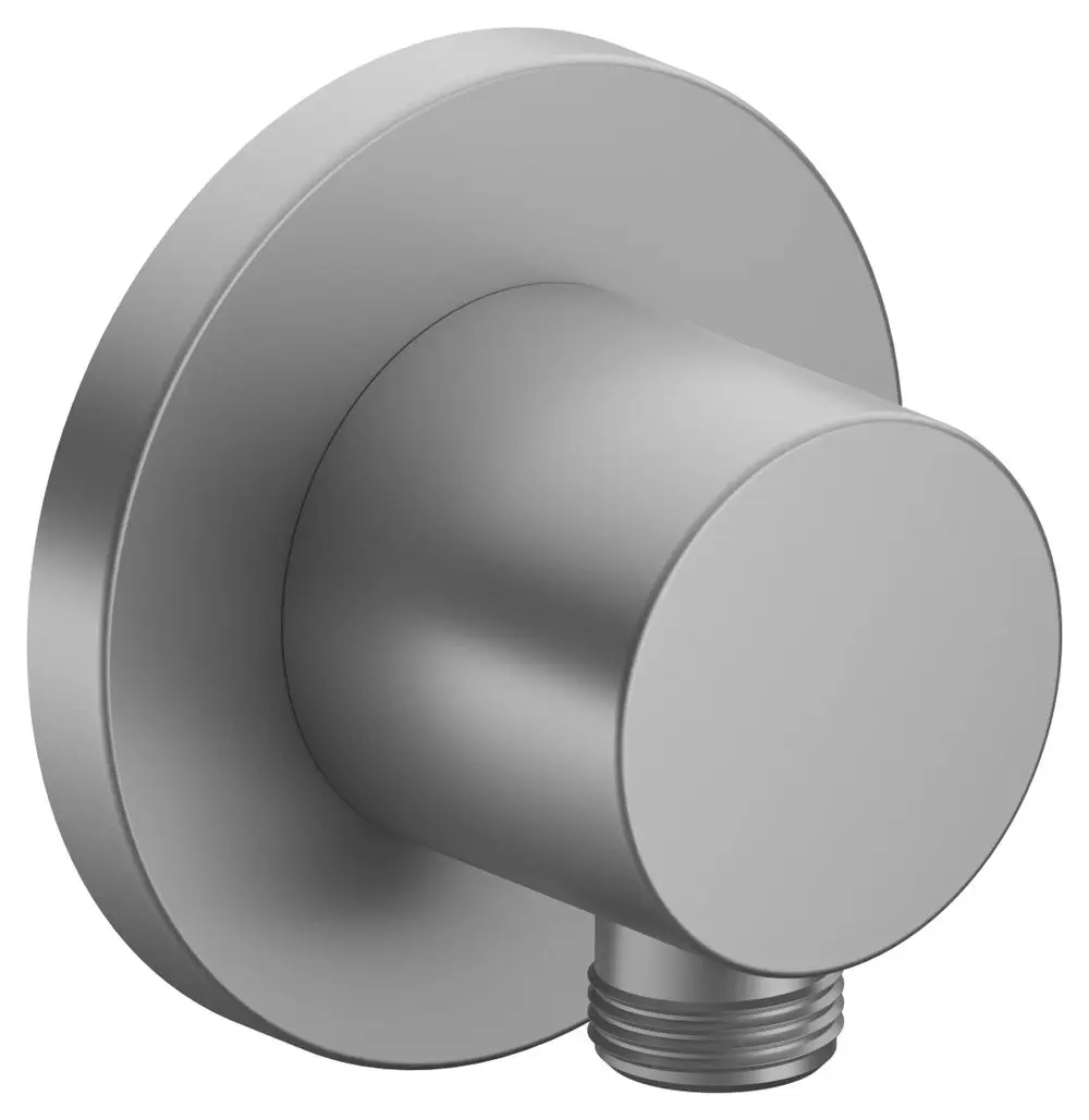 Schlauchanschluss von Keuco in runder Form mit Aluminium-Finish. Er ist an der Wand montiert und verfügt über ein sichtbares Gewinde.