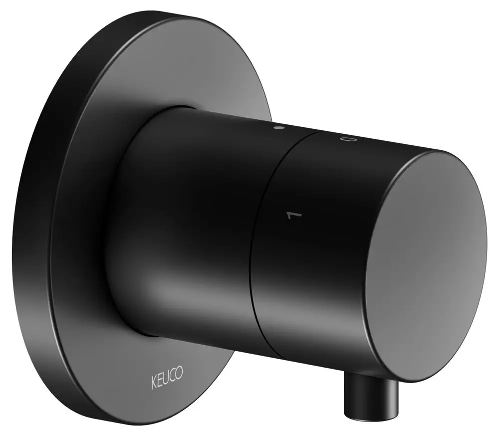 Schwarzes runde Wandventil von Keuco mit zwei Einstellmöglichkeiten. Funktionales Design, geeignet zur Umstellung von Wasserströmen in sanitären Anlagen.