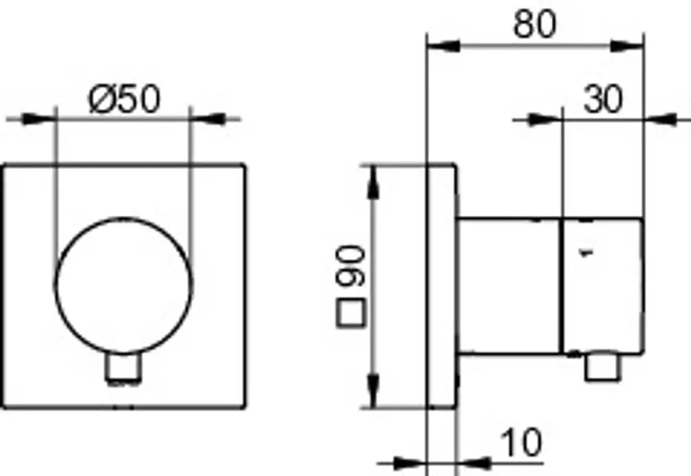 Schwarzes, quadratisches Ventil mit rundem Bedienknopf, seitliche Anschlussmöglichkeit, für die Montage in Badezimmeranlagen. Keuco Produkt.