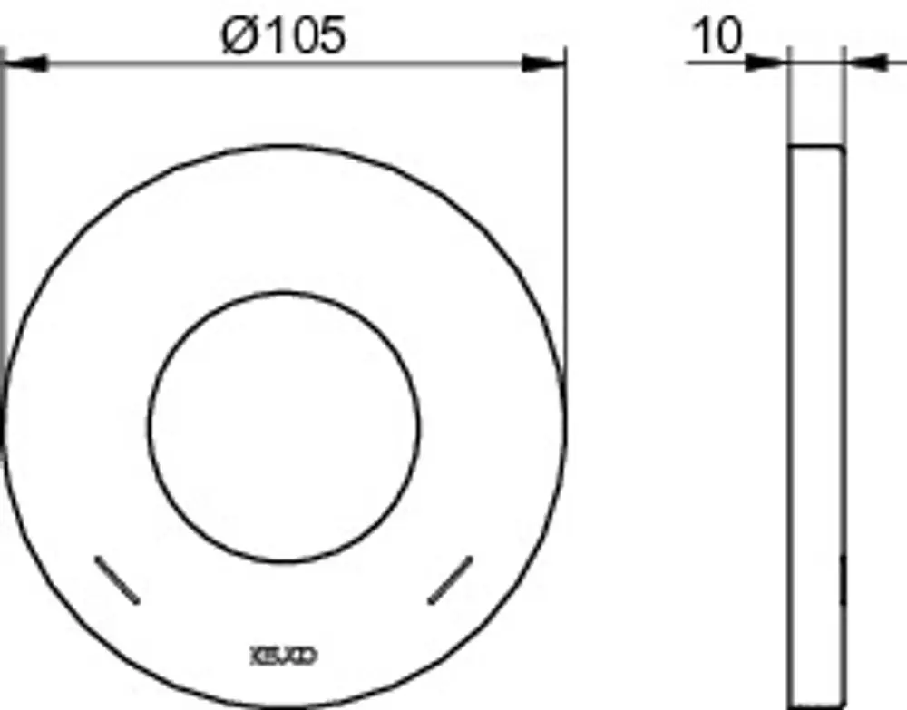 Runde Wandrosette von Keuco mit einem Durchmesser von 105 mm, in einer flachen Ausführung, geeignet für Einhebelmischer, dargestellt in einer schematischen Ansicht.