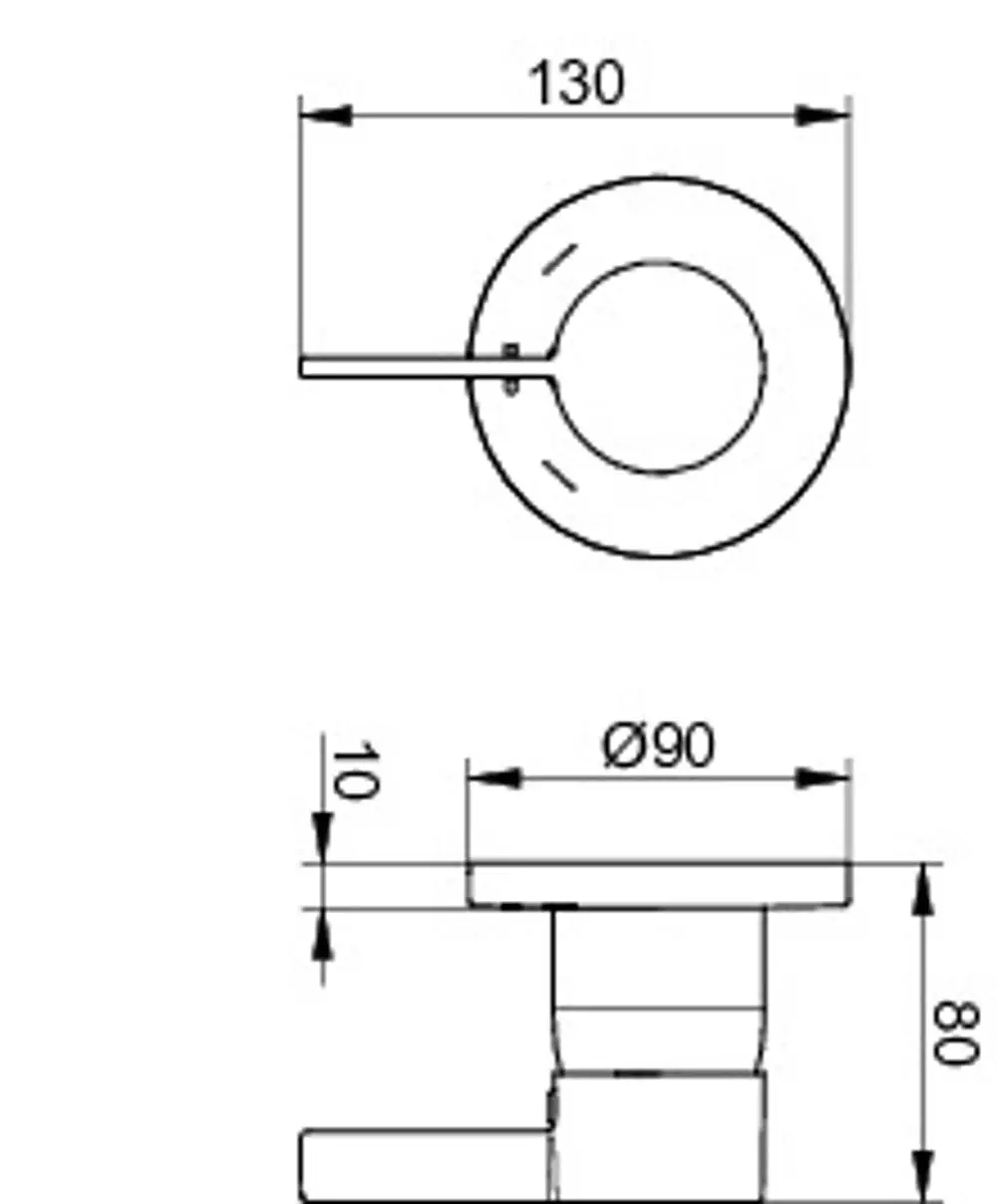 Verchromte Wandarmatur von Keuco mit runder Rosette. Abmessungen und Anschlussdetails sind im technischen Zeichnungsformat dargestellt.