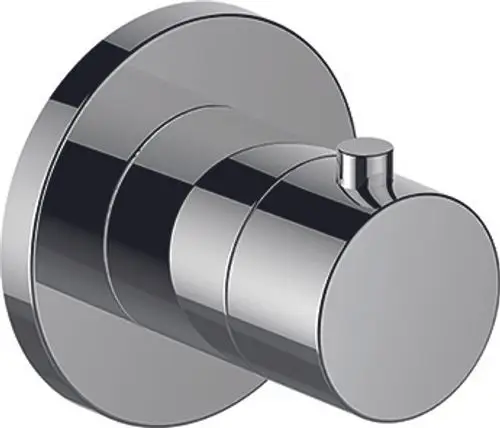 Chromierte Thermostatarmatur von Keuco, rundes Design mit einem zentralen Bedienknopf zur Temperatur- und Durchflussregelung. An der Wand montiert.