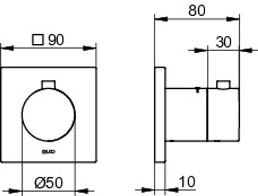 Keuco-Wandthermostat in quadratischer Form mit einem runden Bedienelement. Die Abmessungen und Details sind im technischen Zeichnungsformat dargestellt.