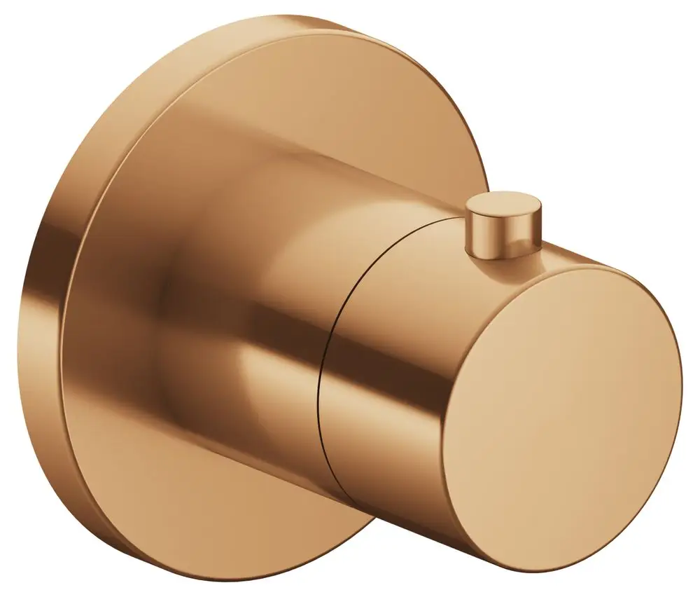 Thermostatarmatur in rundem Design, bronze gebürstet. Das Produkt von Keuco zeigt eine einfache, funktionale Form mit einem zentralen Bedienelement.