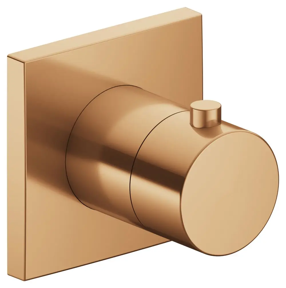 Thermostatarmatur in Bronze mit eckiger Grundplatte von Keuco. Runde Bedienungseinheit zur Regulierung der Wassertemperatur, montiert an einer Wand.