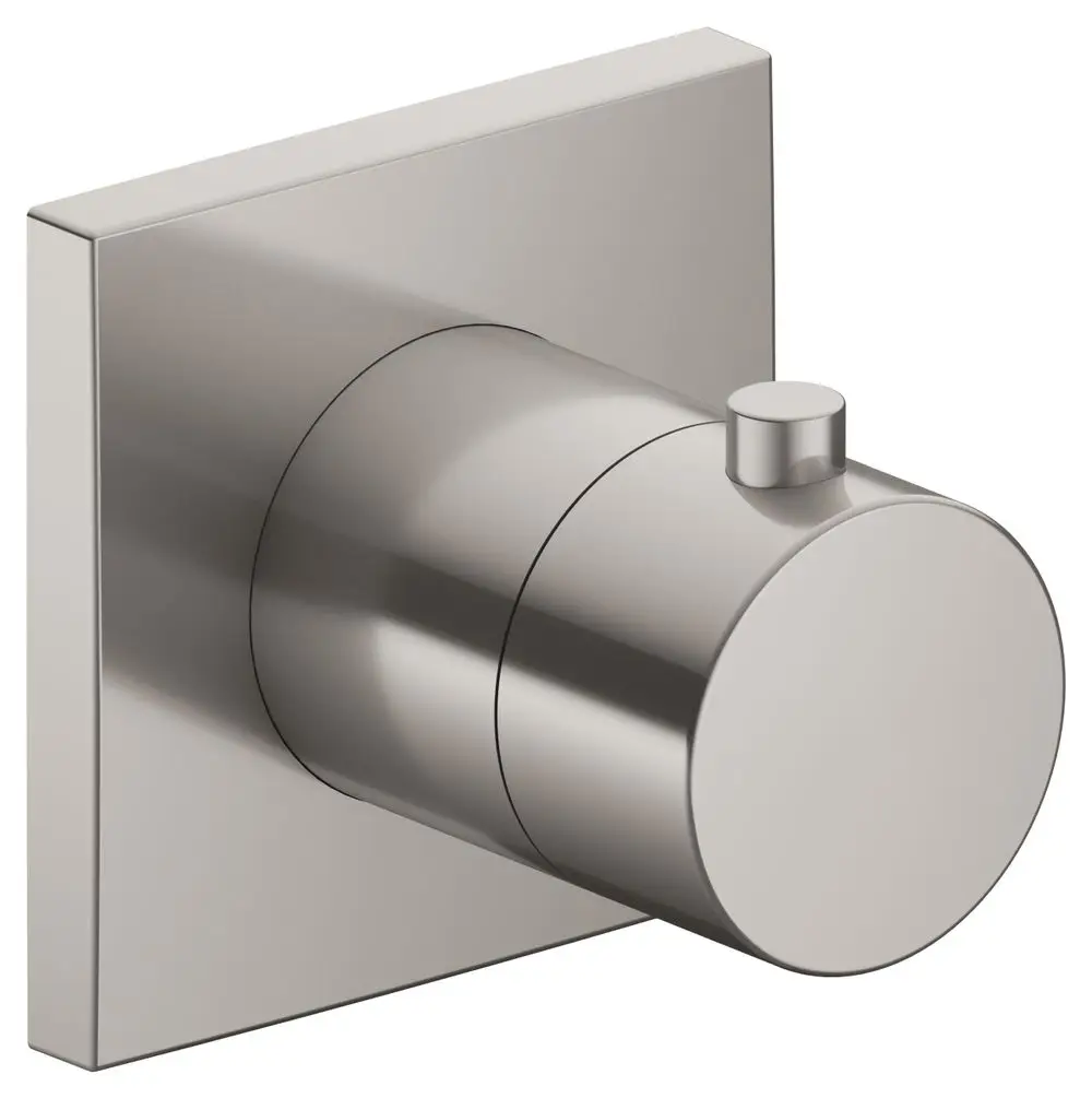 Thermostatarmatur von Keuco mit eckigem Design in gebürstetem Nickel, bestehend aus einem runden Drehknopf und einer quadratischen Wandbefestigung.
