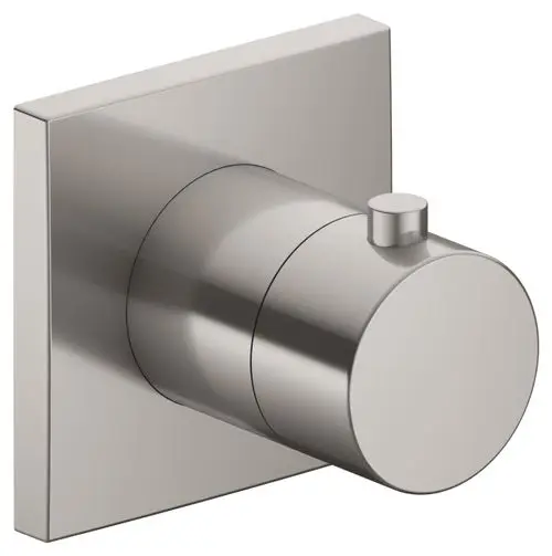 Thermostatarmatur von Keuco mit eckigem Design in gebürstetem Nickel, bestehend aus einem runden Drehknopf und einer quadratischen Wandbefestigung.