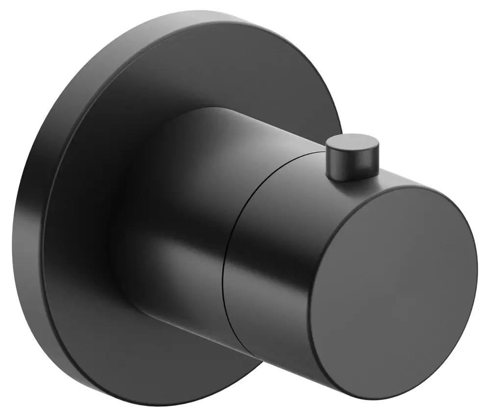 Schwarze Thermostatarmatur von Keuco in runder Form, bestehend aus einem Zylinder mit einem kleinen Drehknopf und einer flachen Rückplatte.