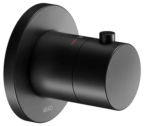 Schwarze Thermostatarmatur von Keuco mit runder Form und Drehknopf zur Temperaturregelung, montiert auf einer Wandplatte.