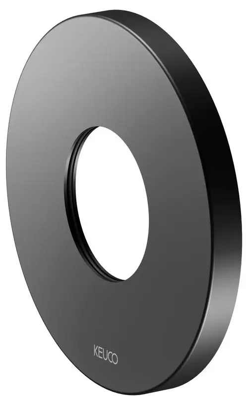 Schwarze, runde Wandrosette von Keuco mit einem zentralen, durchgehenden Loch. Die Oberfläche ist matt. Sie ist für die Montage an Thermostaten geeignet.