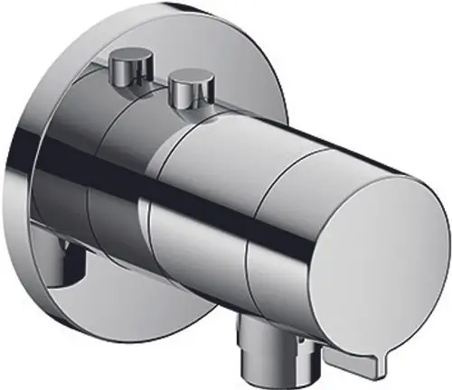 Thermostat von Keuco mit zwei Bedienknöpfen und einem Schlauchanschluss, verchromt, rundes Design, montiert an einer Wand.