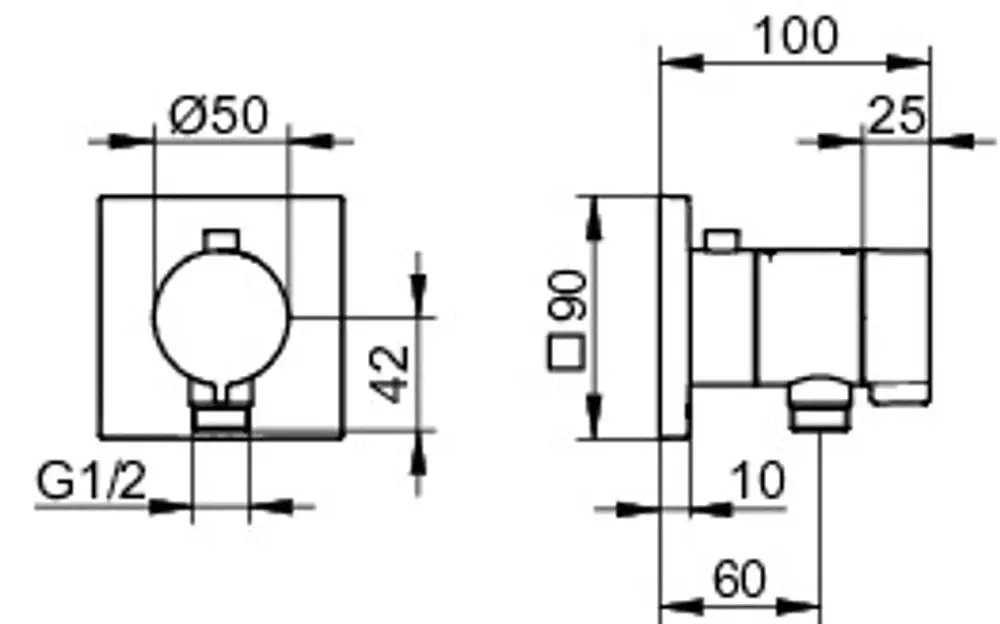 Keuco-Thermostat mit Schlauchanschluss, quadratischer Form, verchromt, für Wandmontage, inklusive Maßangaben im technischen Zeichnungsformat.