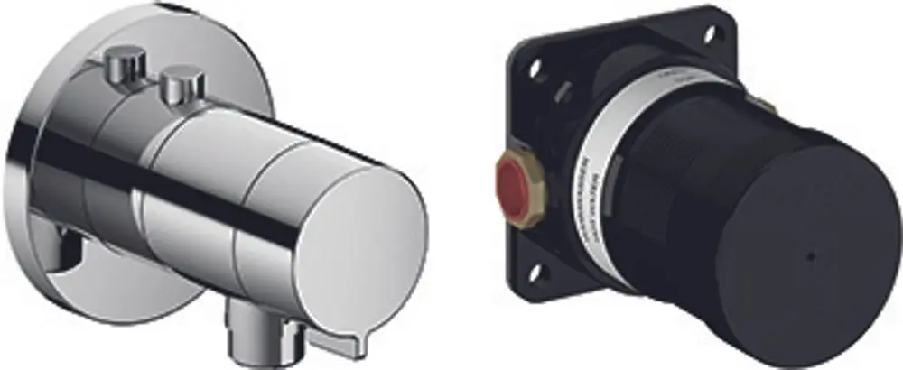 Thermostat- und UP-Körper in runder Form, hergestellt von Keuco. Die Armatur zeigt eine chromfarbene Oberfläche und einen Schlauchanschluss.